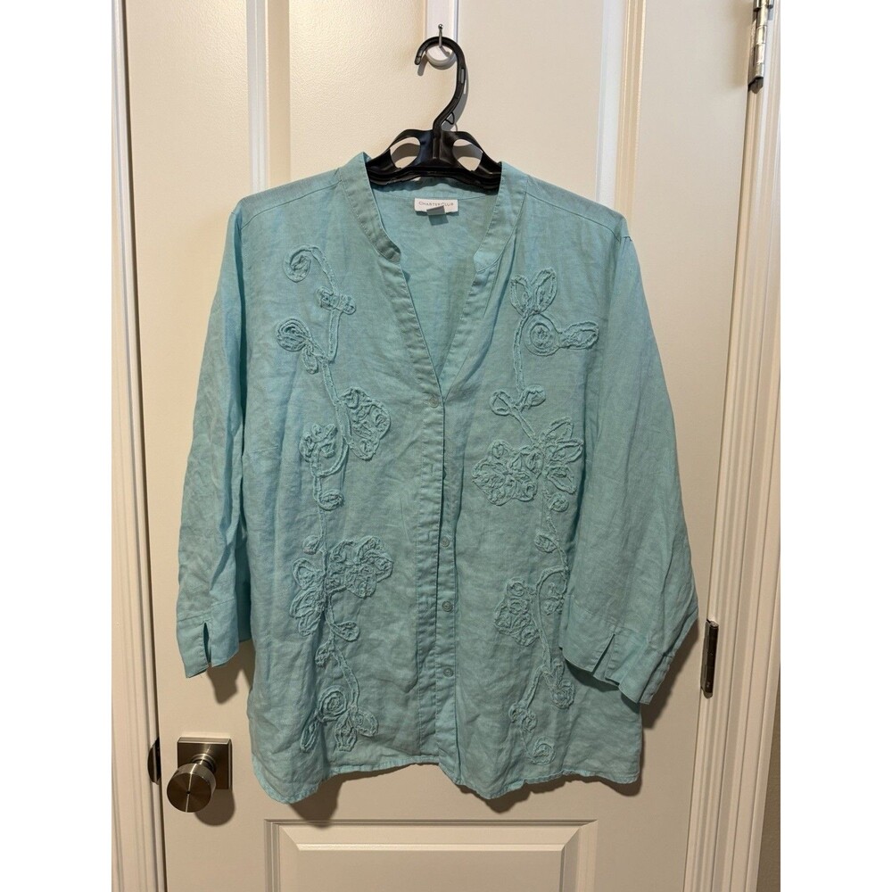 Charter Club Woman Linen Blouse 22W Aqua Blue Floral Applique Embroidered Tunic